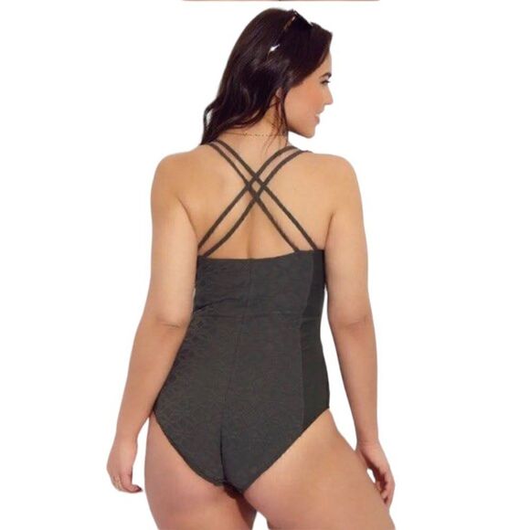 Robyn Lawley Swimsuit (Curves) Olive Green Jacquard Print Size 16 - Picture 3 of 10